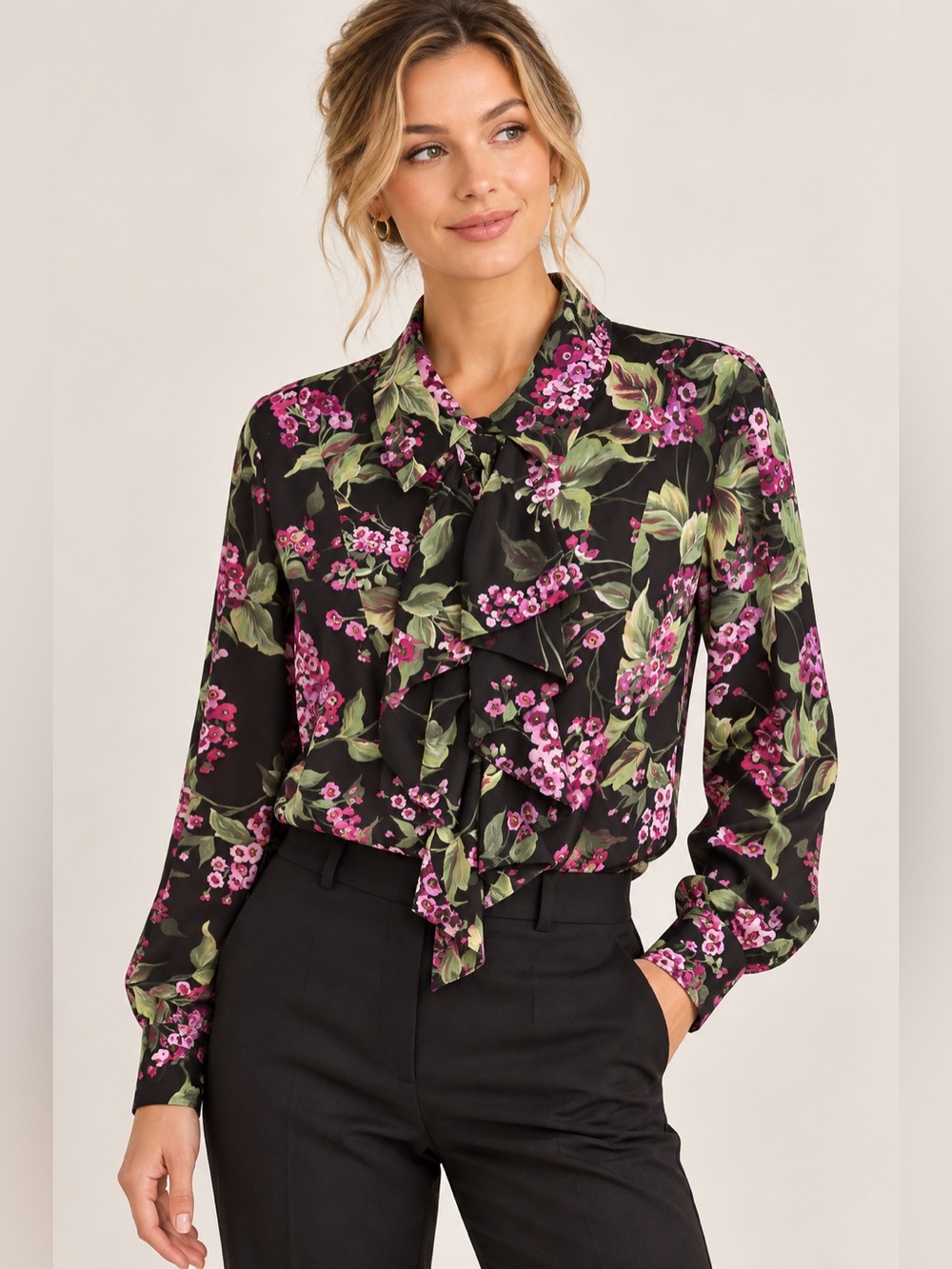 ESCADA 100% Silk Floral Ruffle Tie Neck Blouse Black Purple Size 34 Small
